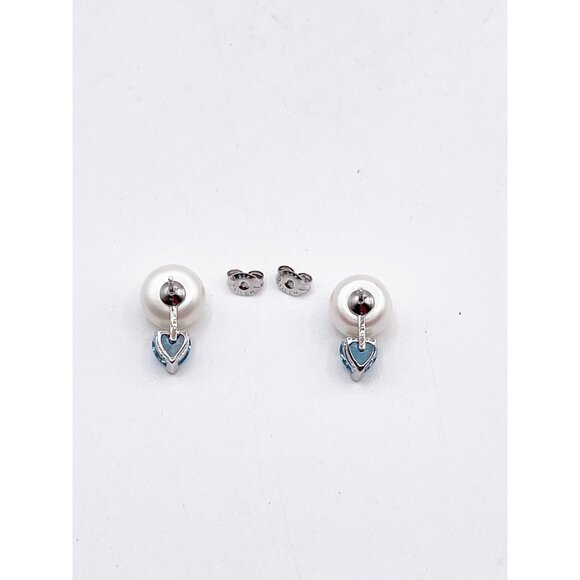 Sterling Silver 925 Pearl & Aquamarine Heart Earrings TIL China Romantic Jewelry - Picture 4 of 9